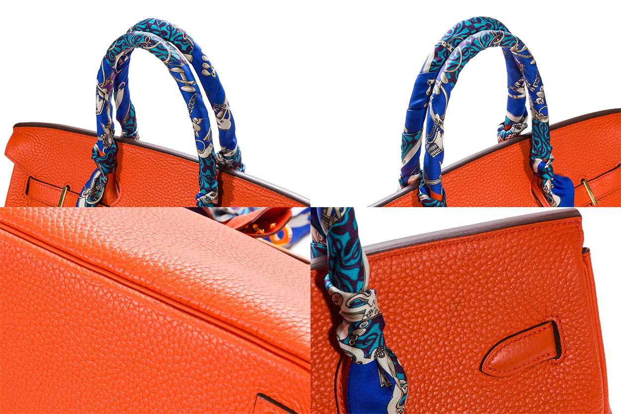 Authentic Hermes Birkin Taurillon Clemence 35cm Orange Poppy Leather  Handbag With Twilly Scarves & Gold Hardware